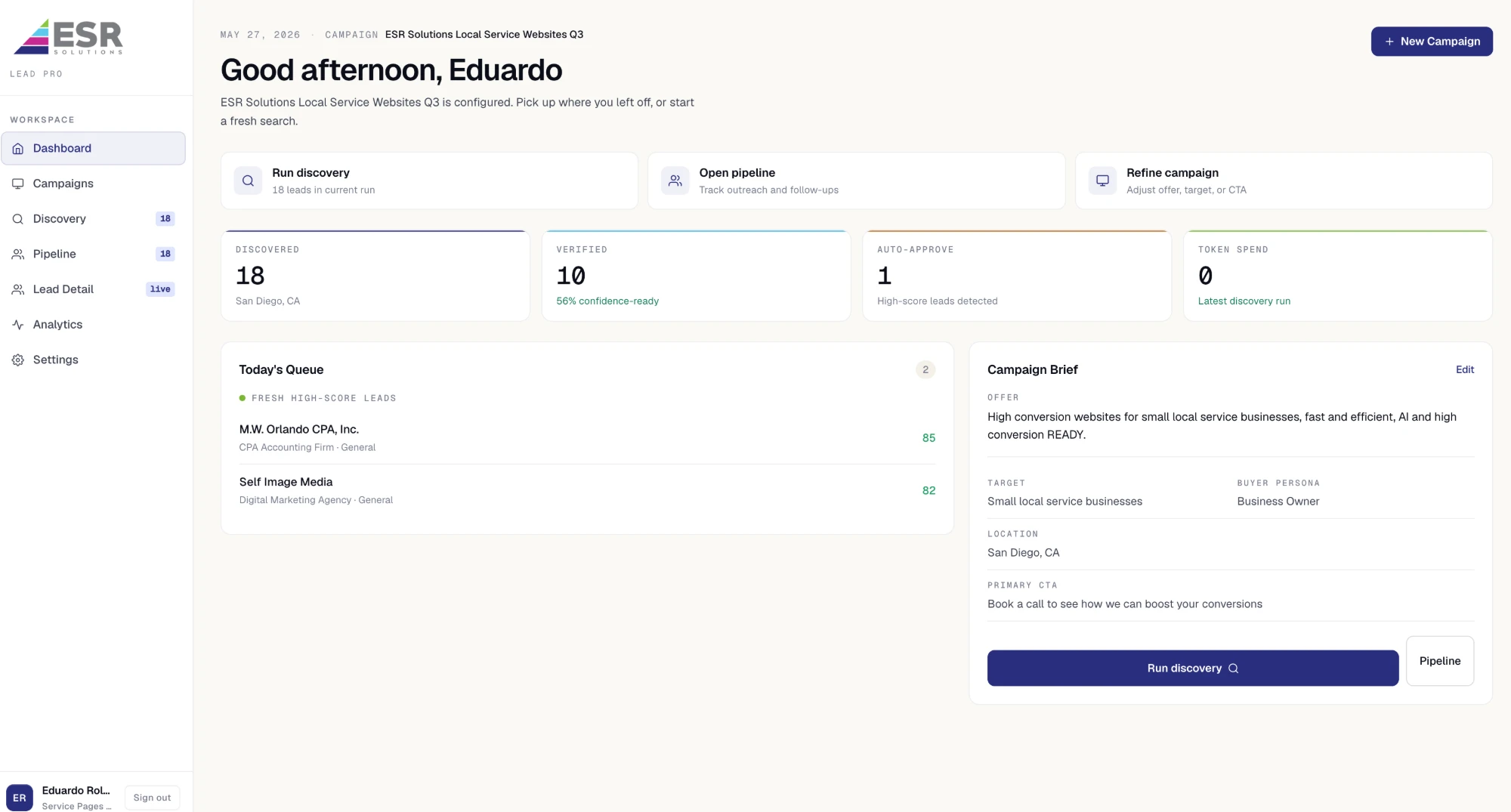 ESR Lead Pro dashboard with campaign discovery, verified leads, auto-approve, token spend and today's queue of high-score leads